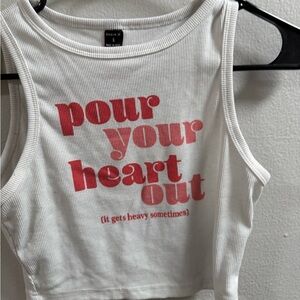 SHEIN White Ribbed Crop Tank with Pink Red Graphic